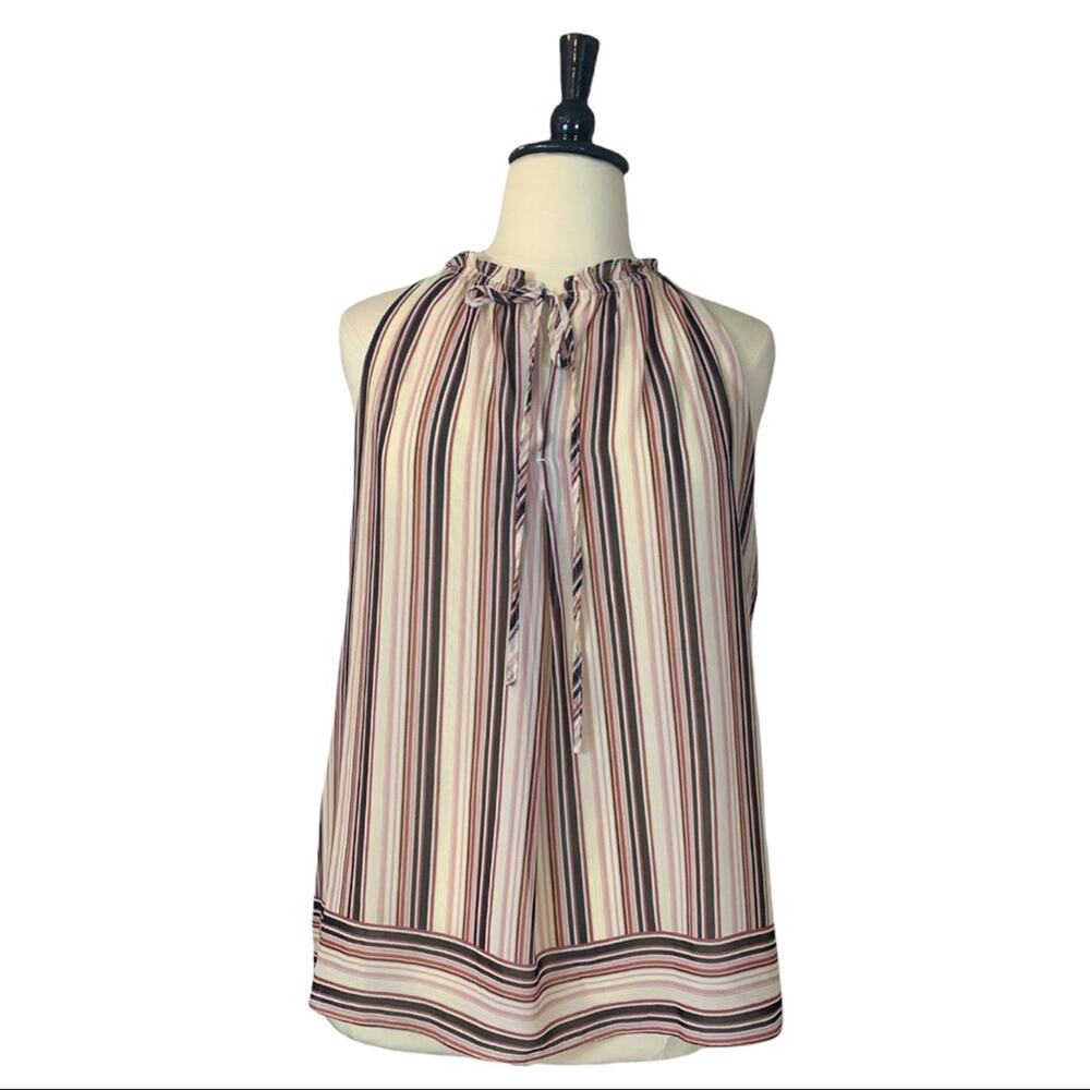 Max Studio Women's Cream Brown Pink Stripe Tie Neck Sleeveless Top Size XL